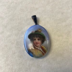 Victorian / Georgian antique hand painted hair / mourning jewelry pendant